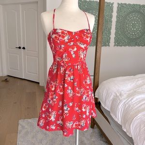 Vintage American Eagle Skater Corset Style Summer Dress Floral Bright Pink Dress